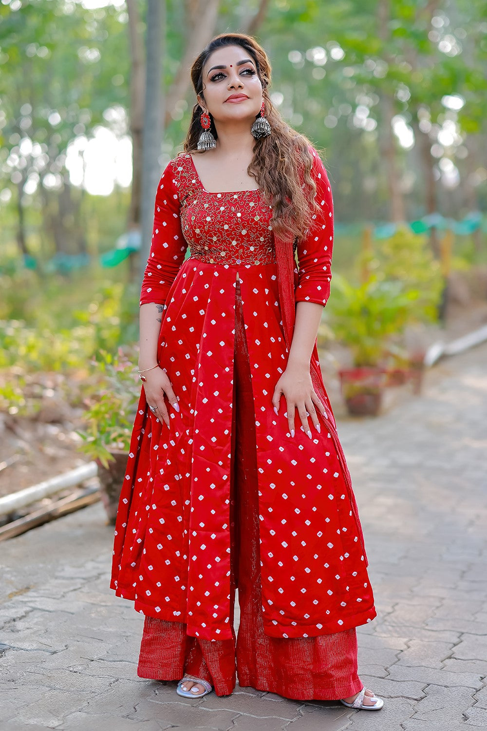 Red Modal Bandini Center Slitted Anarakali Set