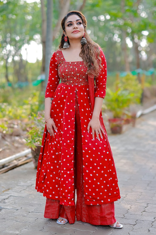 Red Modal Bandini Center Slitted Anarakali Set