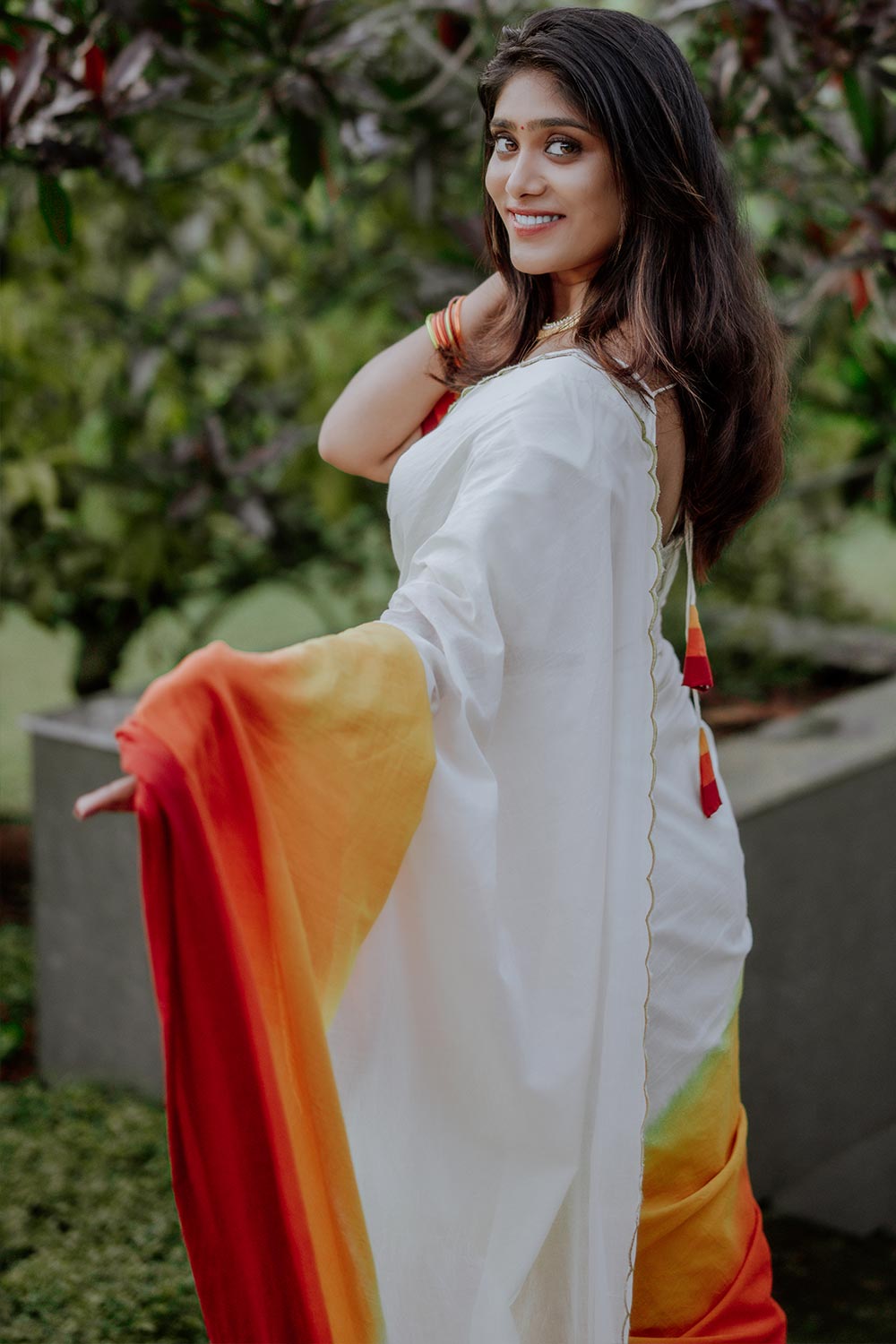 White Base Red & Orange Ombre Saree