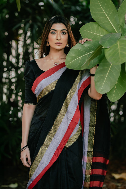 Narayanpet Black Saree with Red & Grey Borders
