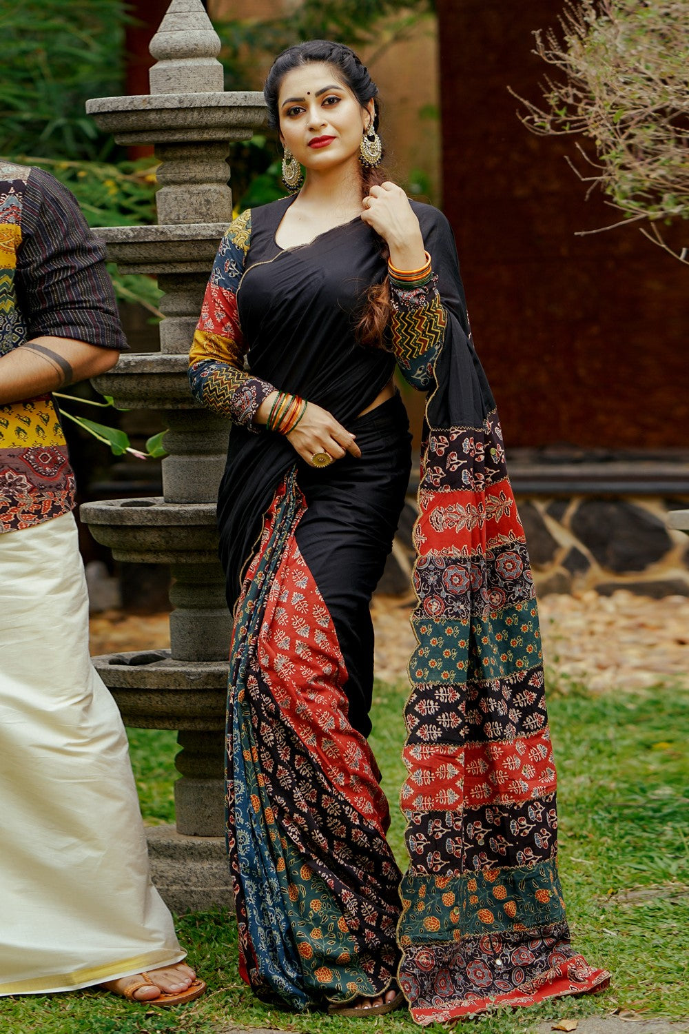 Black Mulcotton Ajrakh Patch Full Sleeve Blouse