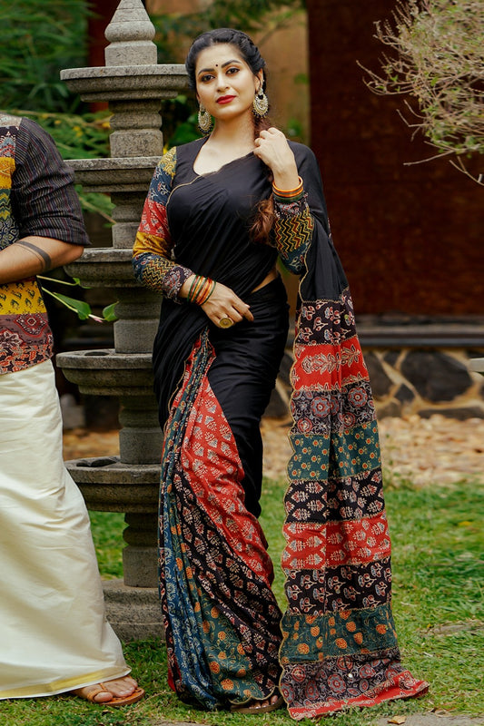 Black Mulcotton Ajrakh Patch Full Sleeve Blouse