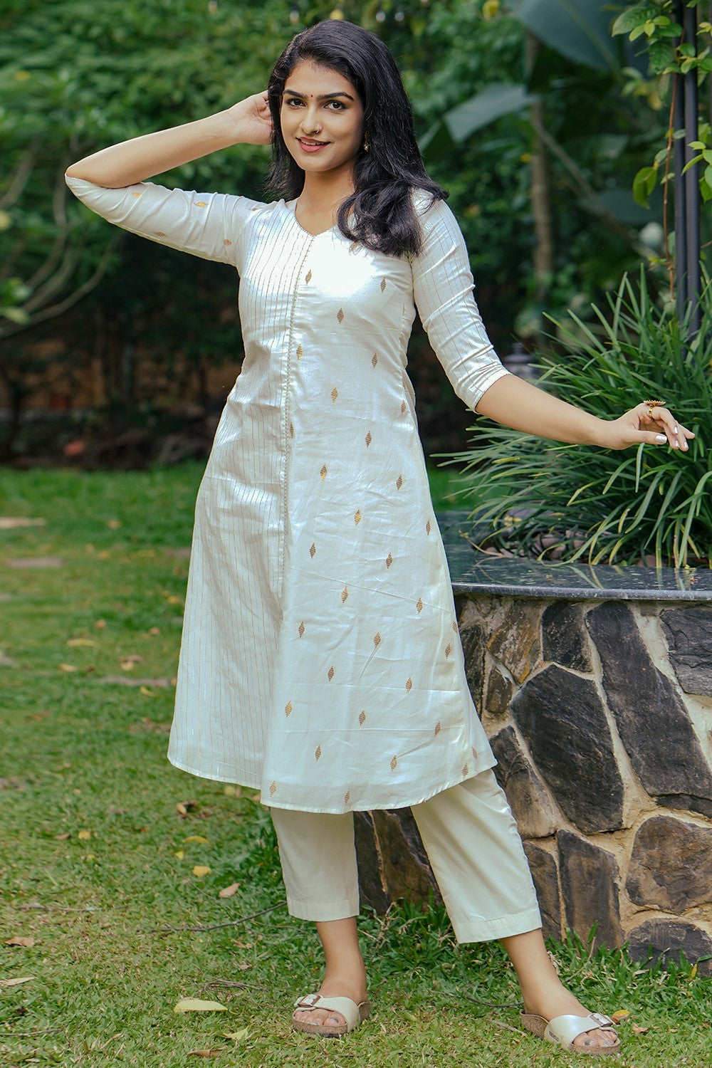 Off White Half Striped & Half Dotted Aline Kurthi