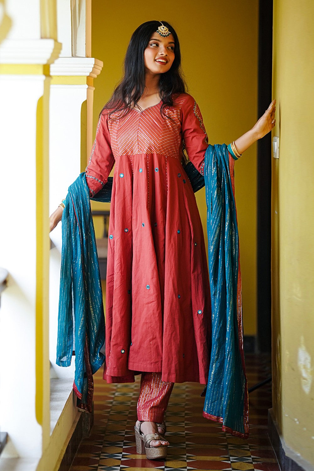 Burnt Orange Anarkali Set with Embroidery Sleeves