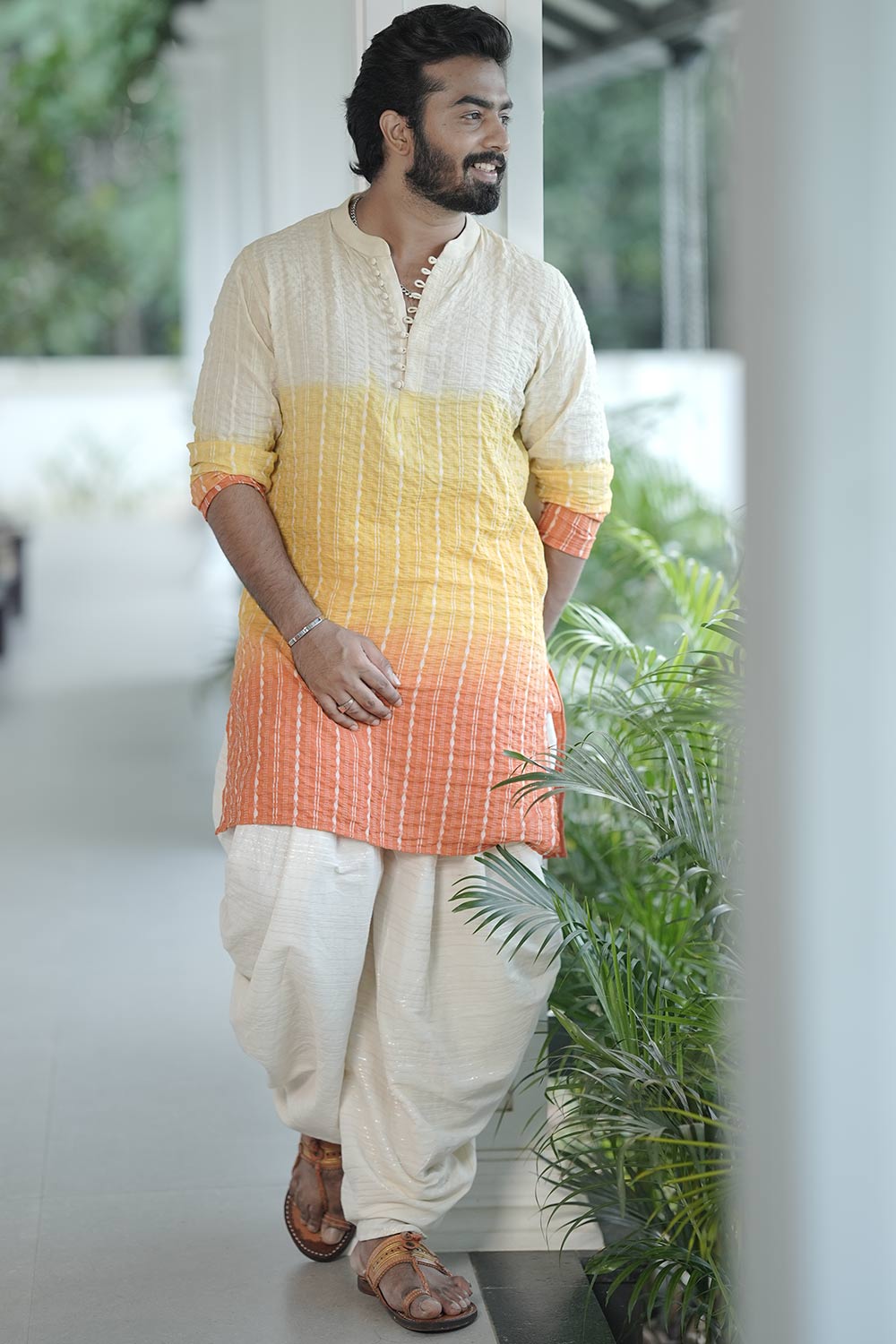 Dyed Orange & Yellow Off-White Kurta