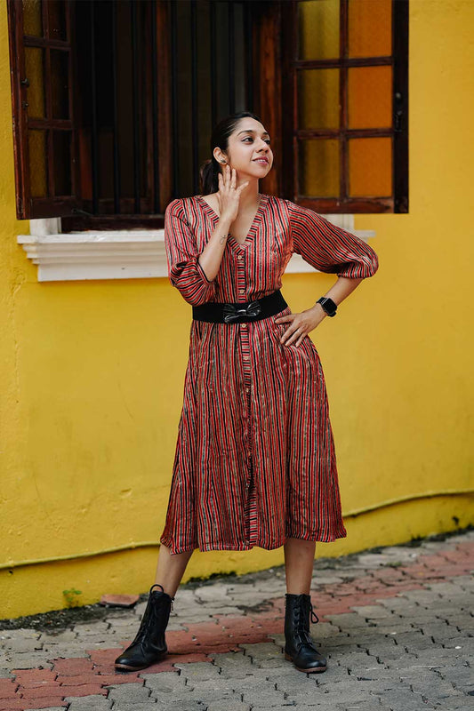MODAL SILK RED & BLACK STRIPE ALINE KURTI