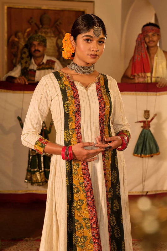 Offwhite Anarkali With Ajrak Multipatch Panels