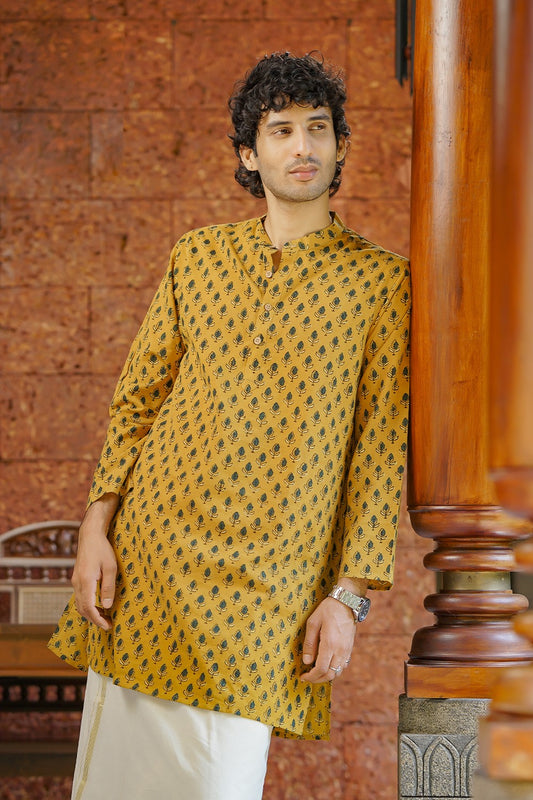 Yellow Base Green Print Long Kurtha