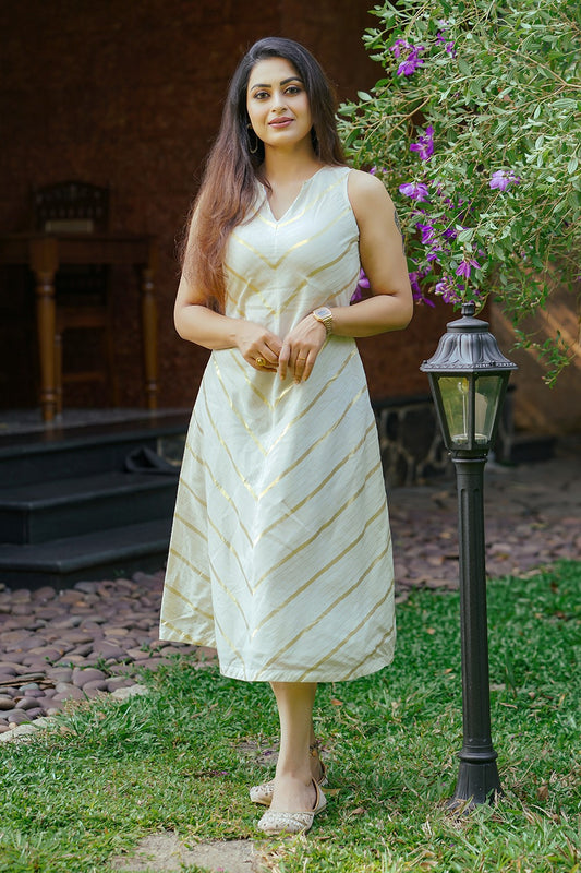 Off white Diagonal Golden Stripe Shift Dress