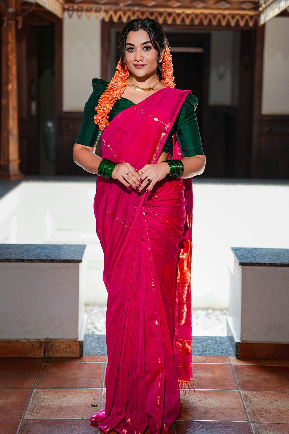 Maheswari Silk Saree Dual Shade with Zari Stripes & Diamond Buta