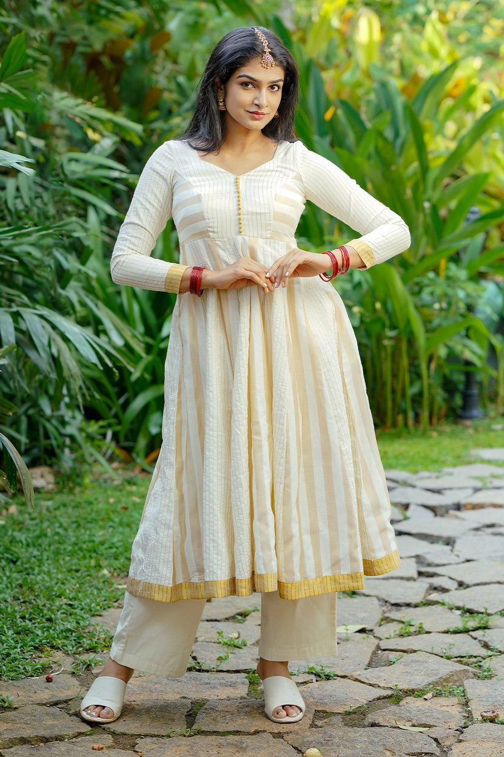 Off White Kasavu Golden Stripe Lurex Anarkali