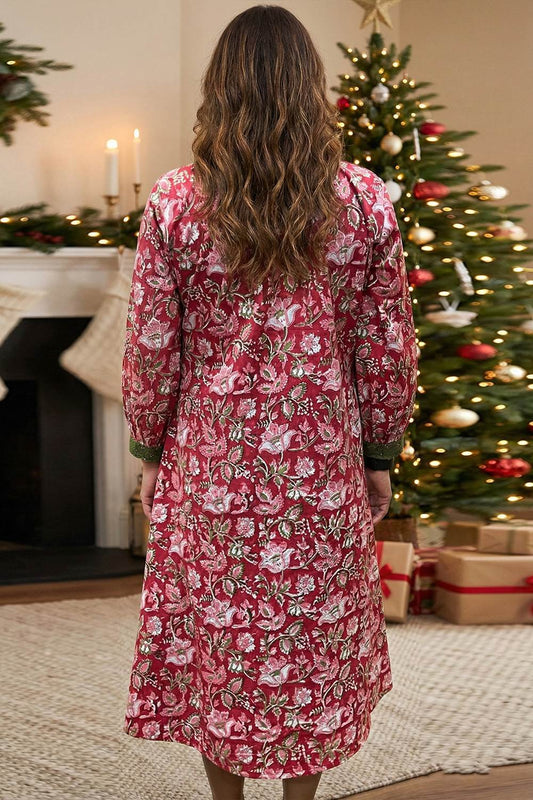 Red Sanganeri Pleated A Line Dress