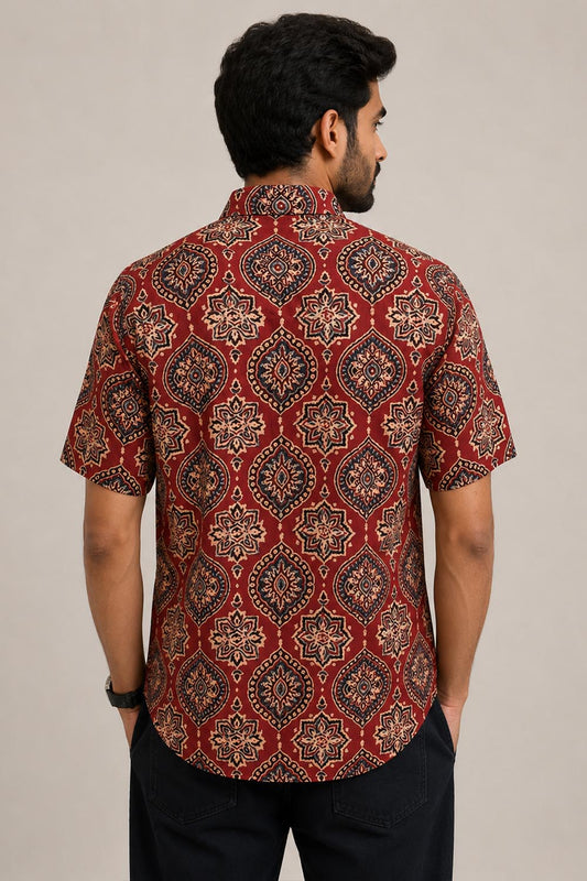 Red Base Modal Silk Printed Shirt