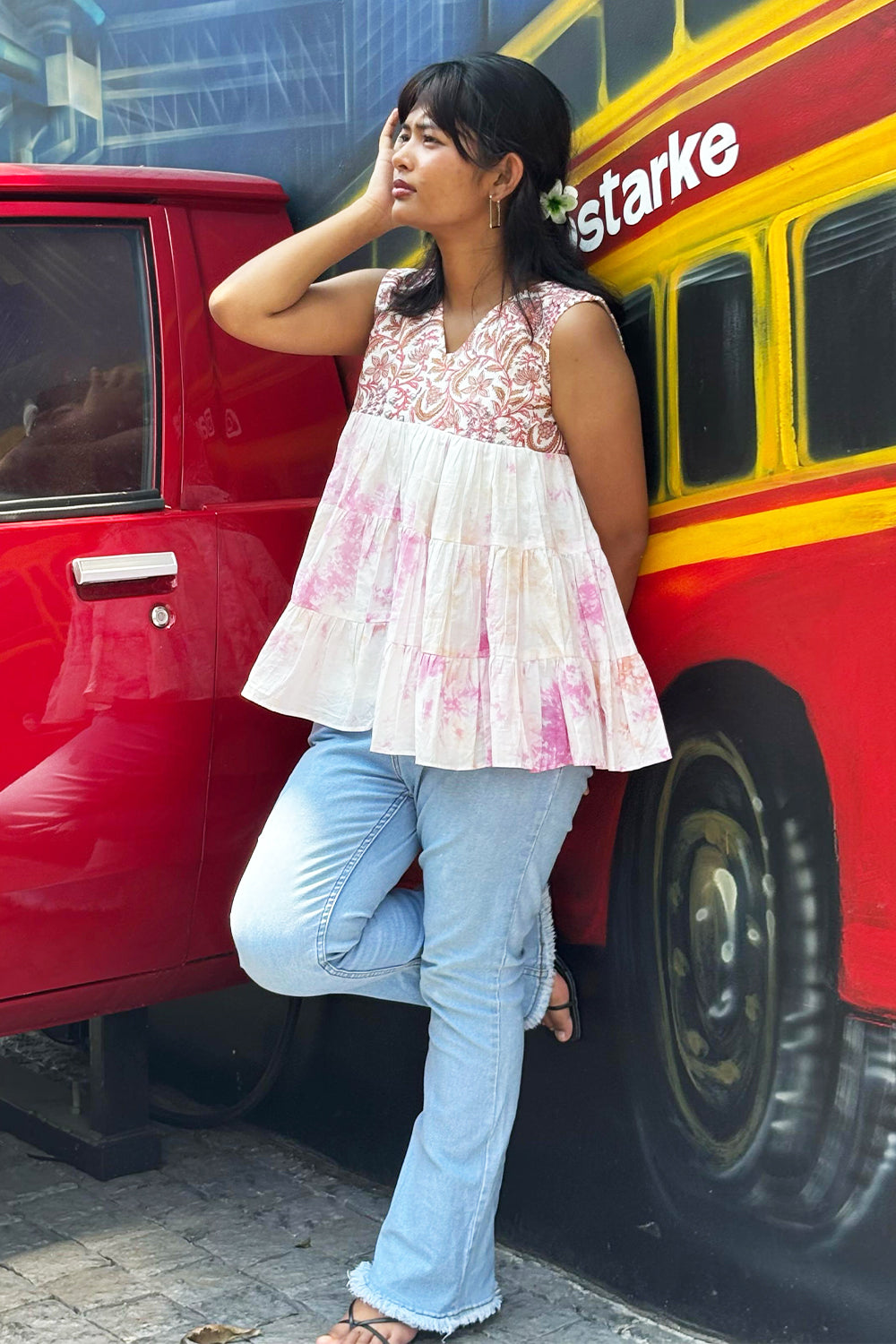 Sanganeri Shibori Peach & White Tired Sleeveless Top
