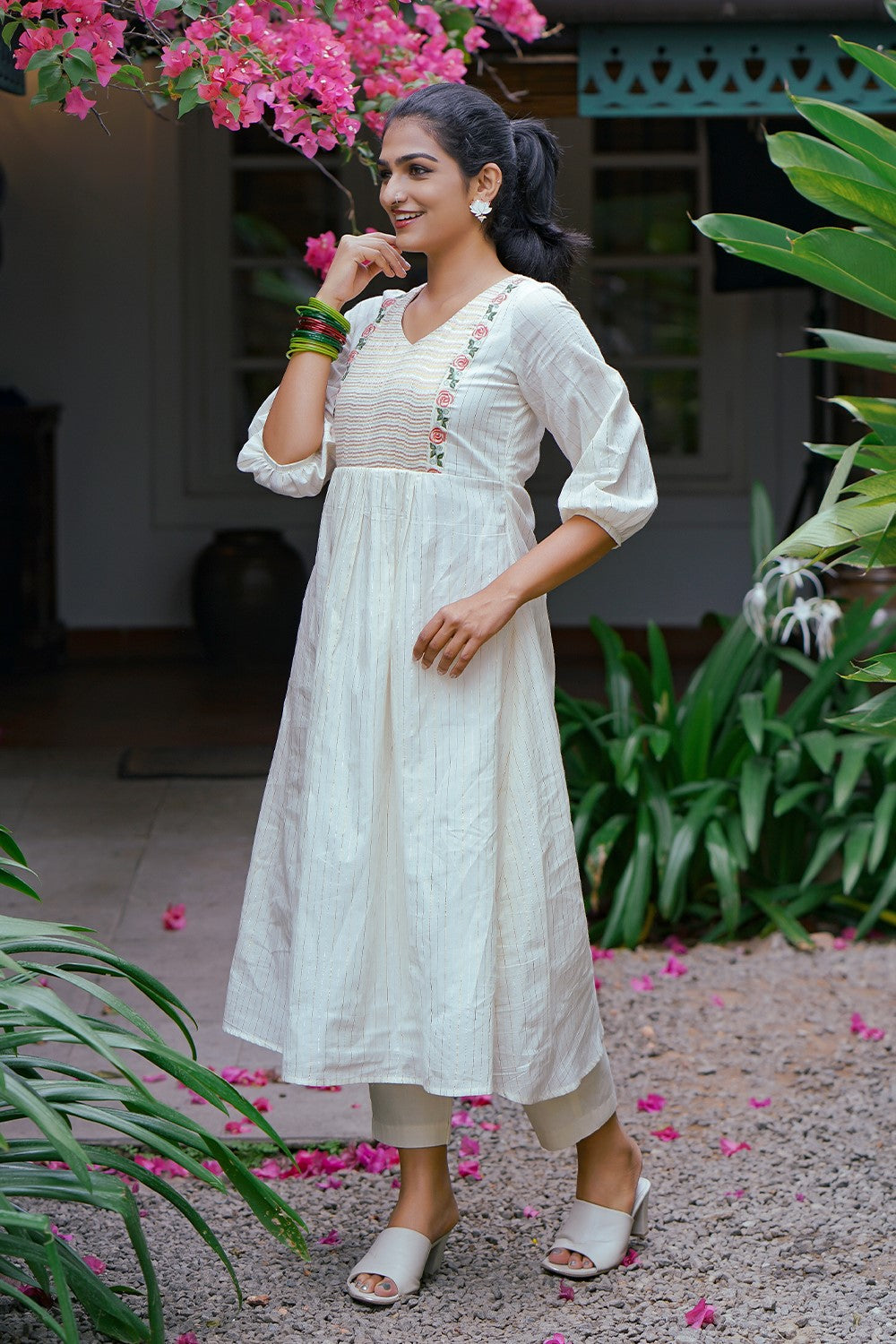 Off white A line Pleated Kurthi with Rose Embroidery Yoke