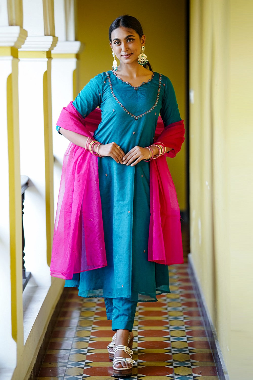 Teal Blue Chanderi Handwork A Line Kurthi