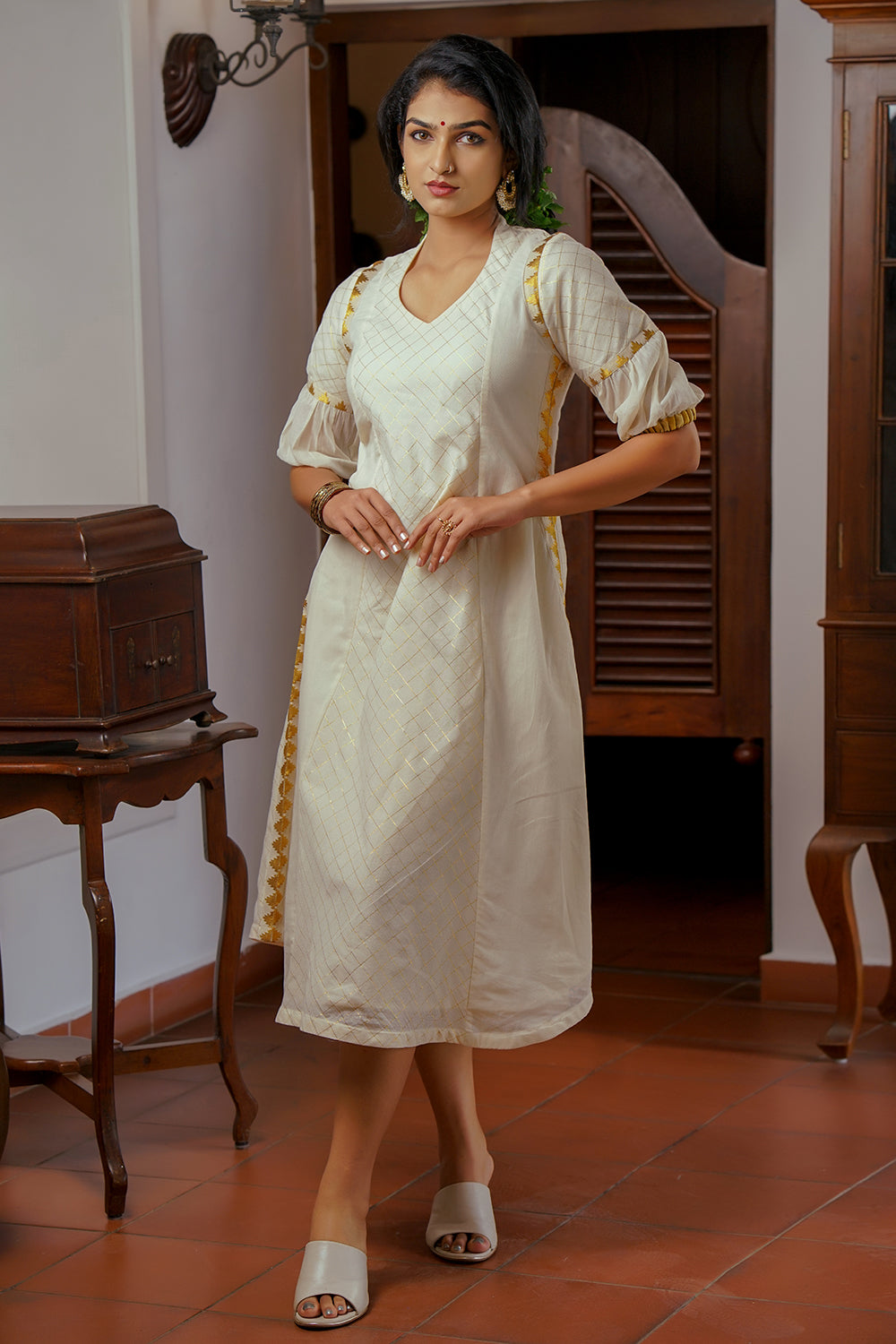 Off White 3 Panel Dress with kasavu Temple Seam Off White 3 Panel Dress with kasavu Temple Seam