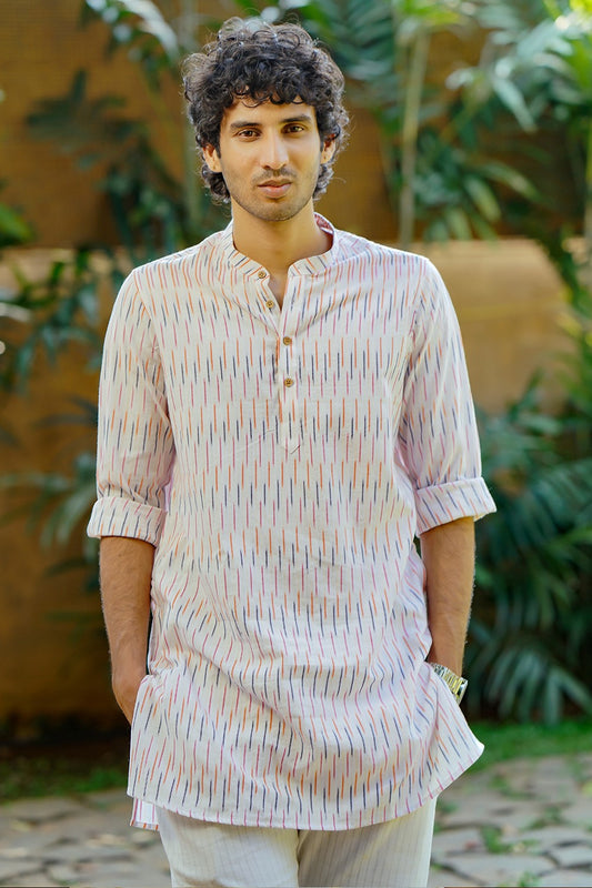 Off White Ikath Full Sleeve Long Kurtha