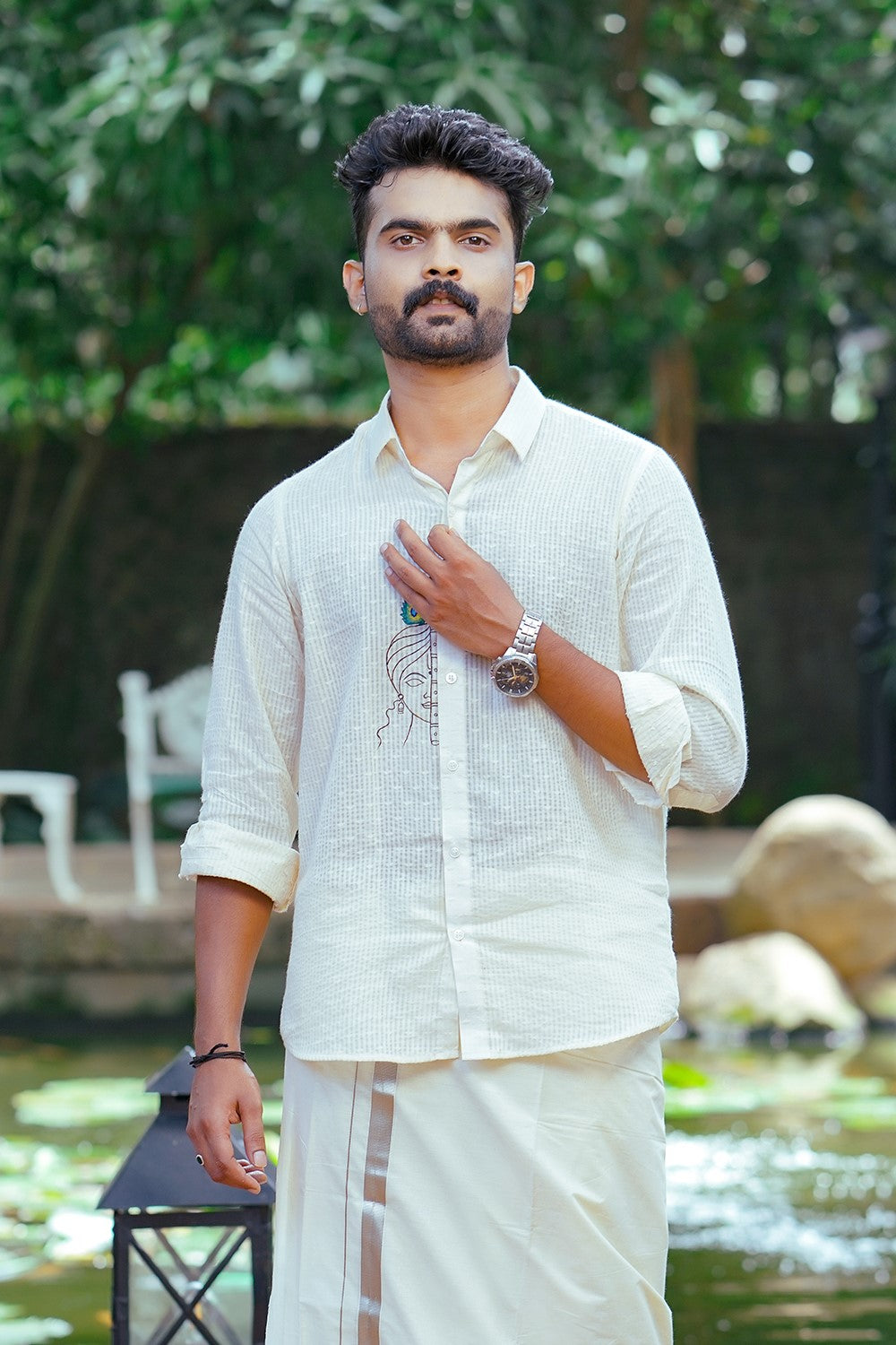 Off White Full sleeve Shirt with Krishna Hand Paint