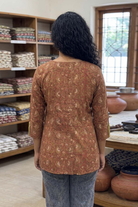 Maroon Base Olive Rapid Floral Jahota Print Short Top