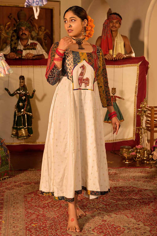 off-white & Ajrak Multipatch Panel Dress with Horse Handpainted Yoke