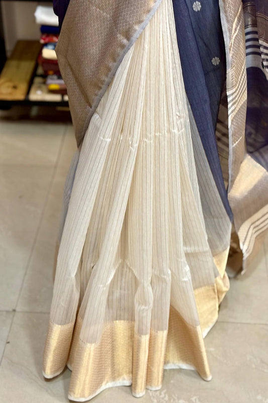 Grey Maheswari Silk Saree Half & Half