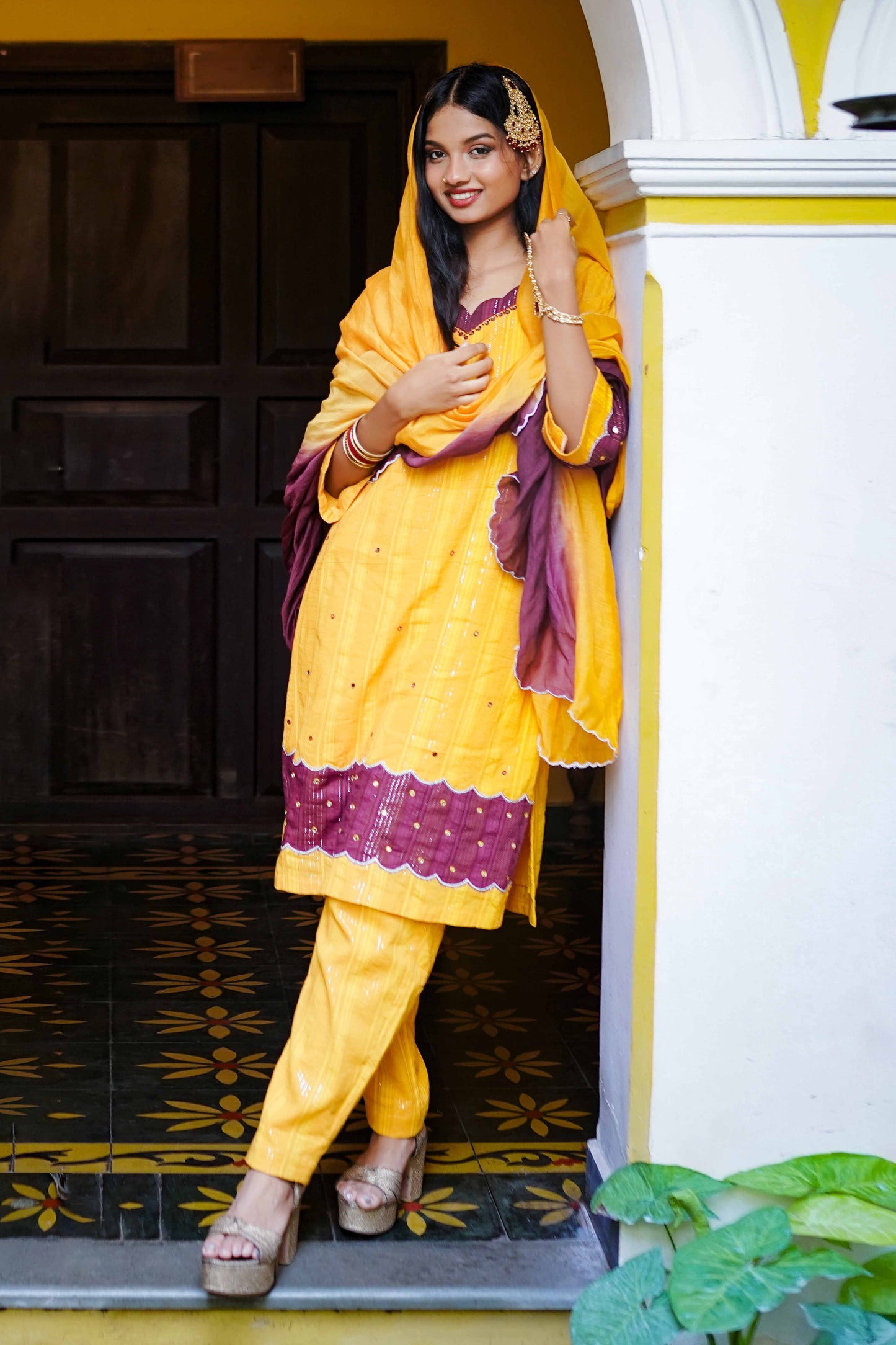 Yellow Ombre Kurthi set with Maroon Border