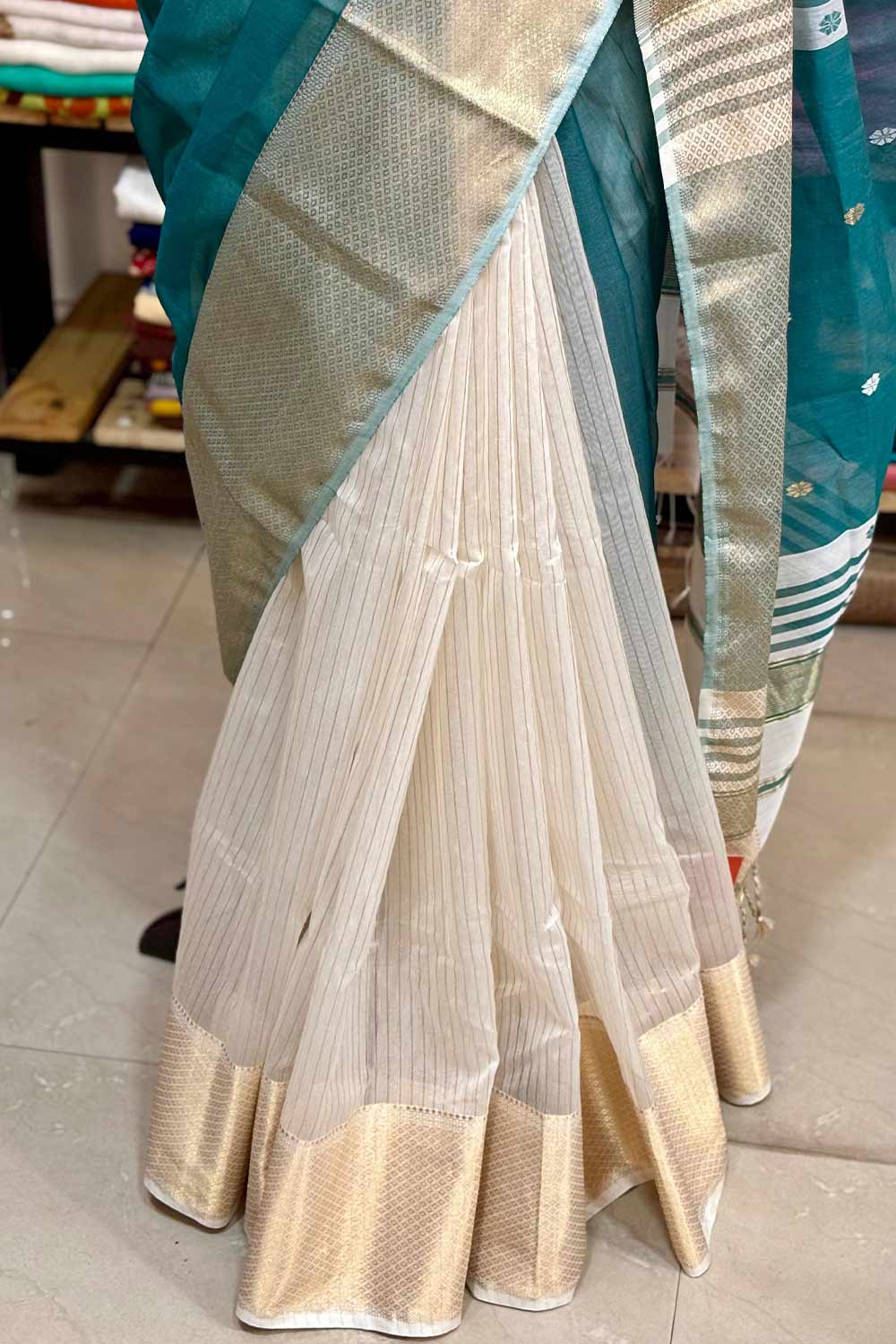 Blue Maheswari Silk Saree Half & Half