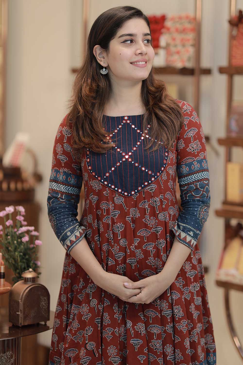 Red Base Lotus Printed Ajrakh Anarkali