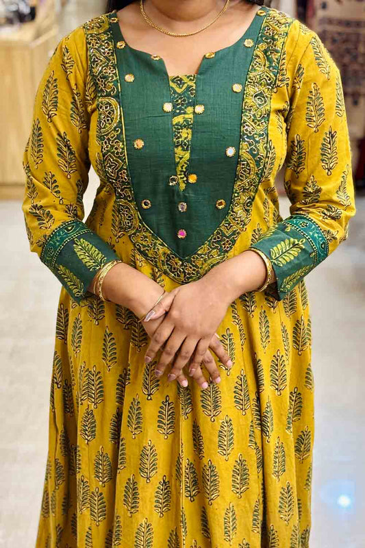Yellow Ajrakh Leaf Printed Anarkali
