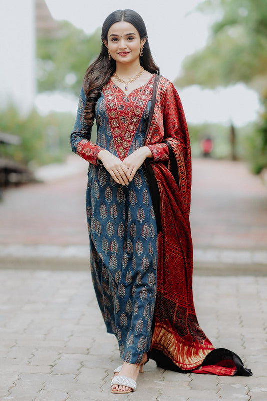 Red Base Blue & Black Floral Ajrakh Modal Dupatta