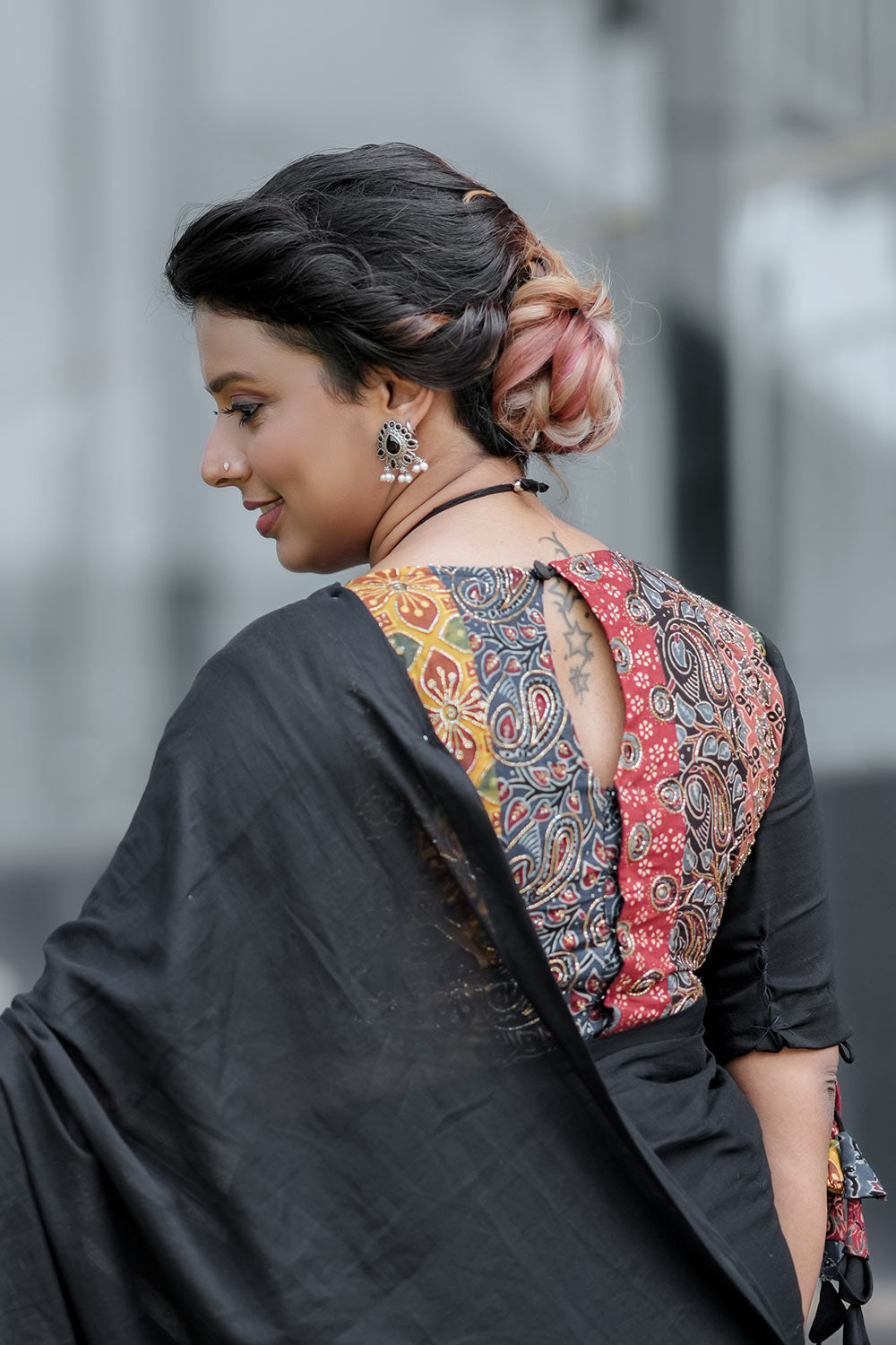 Black Mulcotton & Ajrakh Patch Blouse with Embroidery