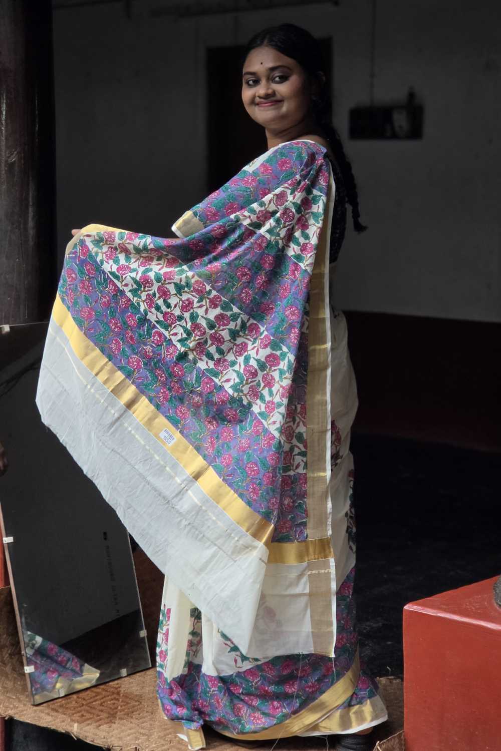 Offwhite Kasavu with Thick Purple Border Saree