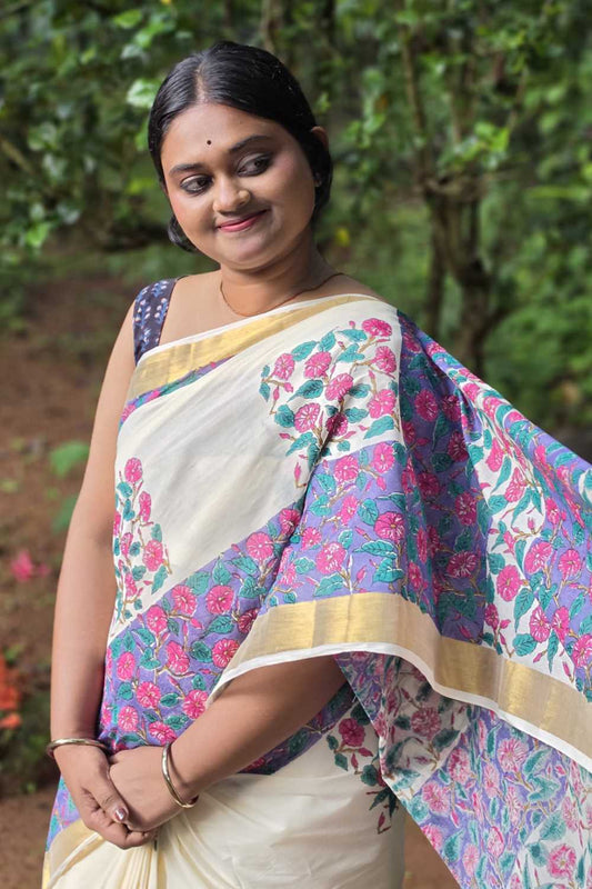 Offwhite Kasavu with Thick Purple Border Saree
