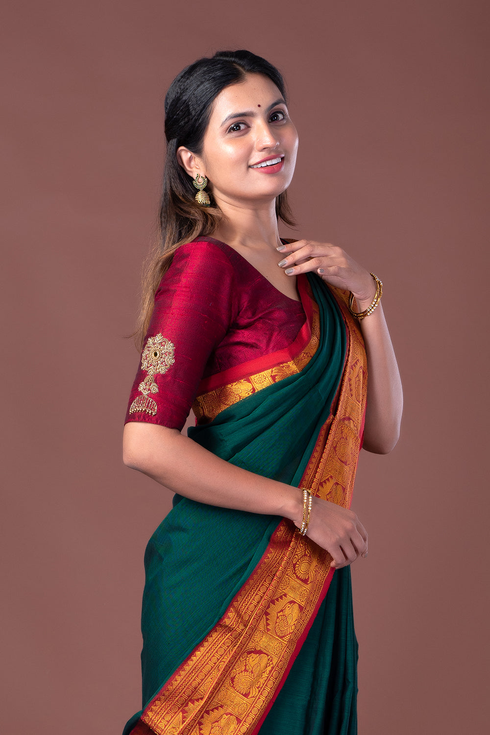 Narayan Pet Green Saree with Red Border