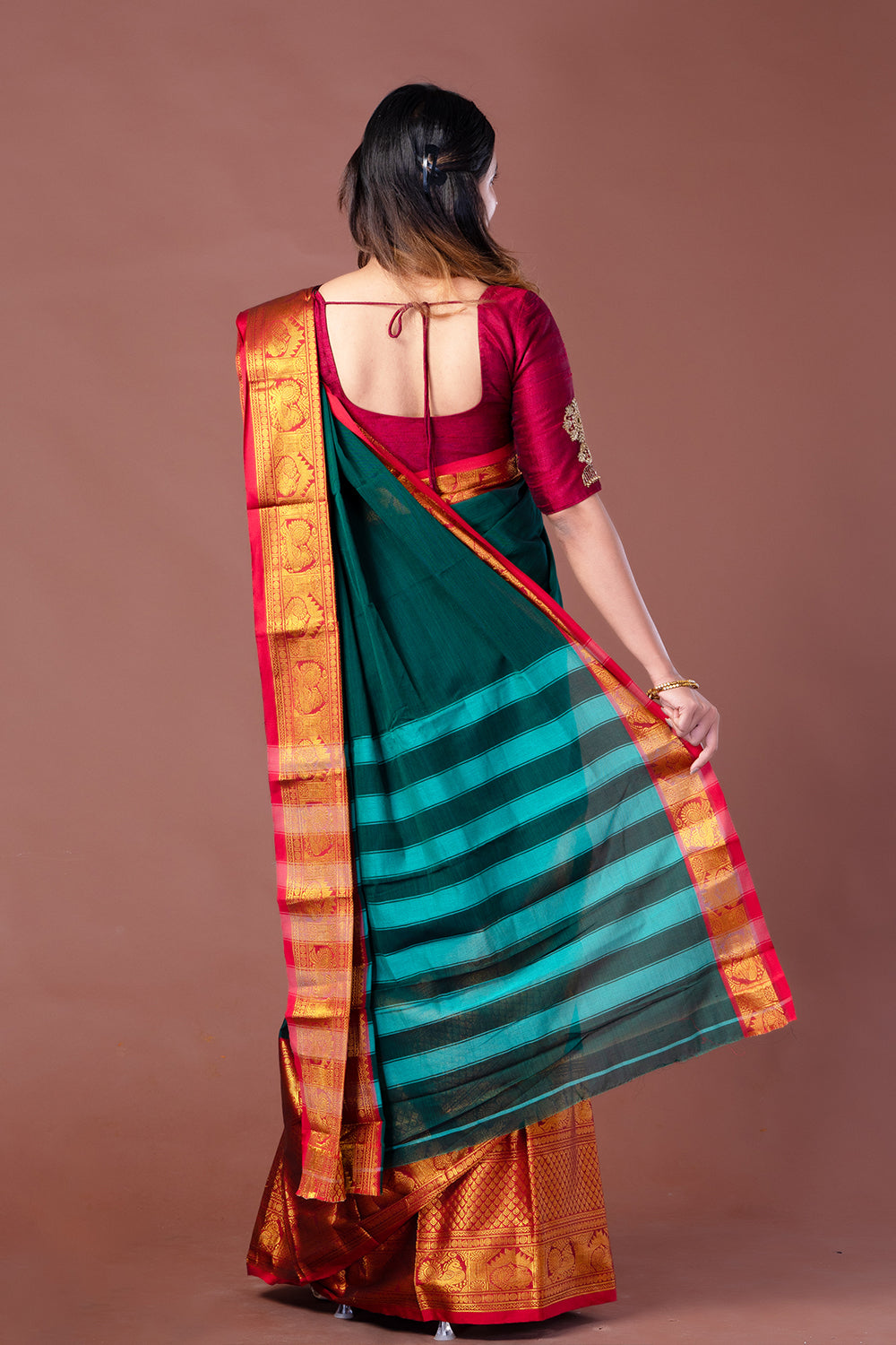 Narayan Pet Green Saree with Red Border