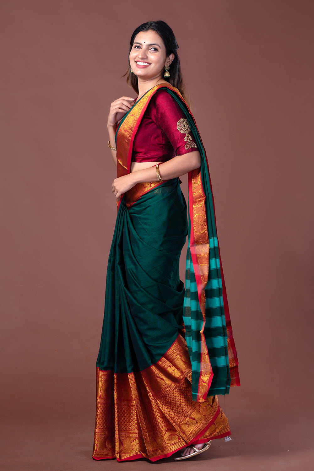 Narayan Pet Green Saree with Red Border