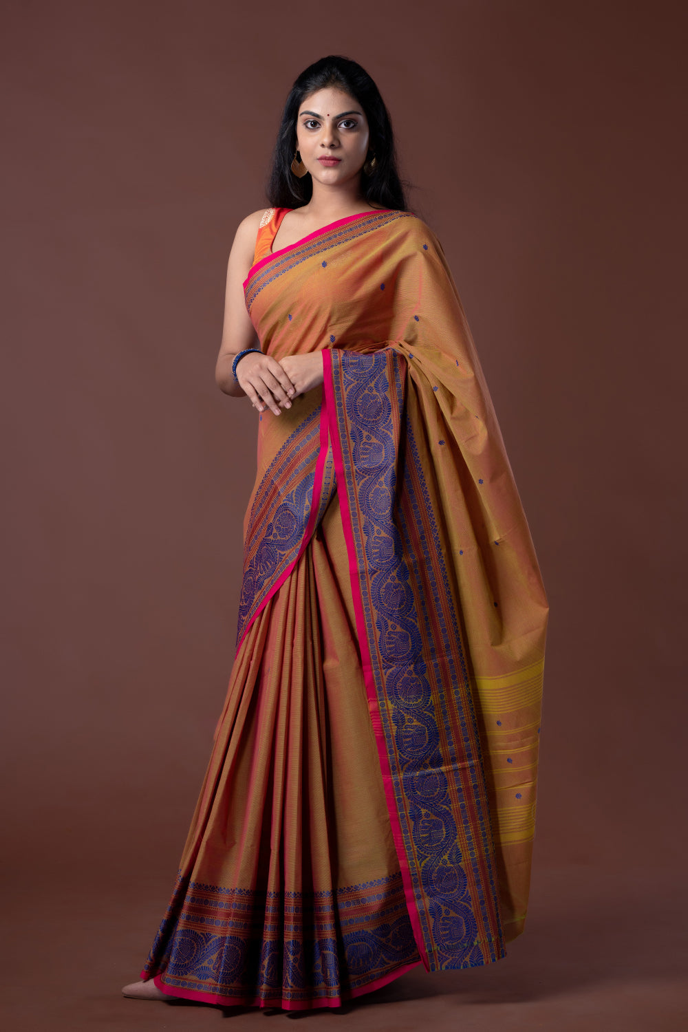 Kanchi Cotton Green Saree Pink Double Shade