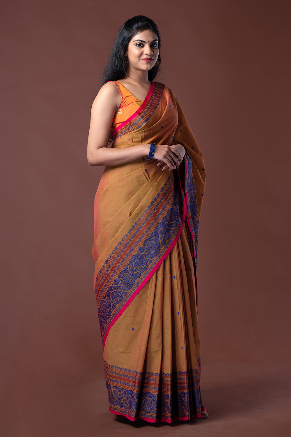 Kanchi Cotton Green Saree Pink Double Shade