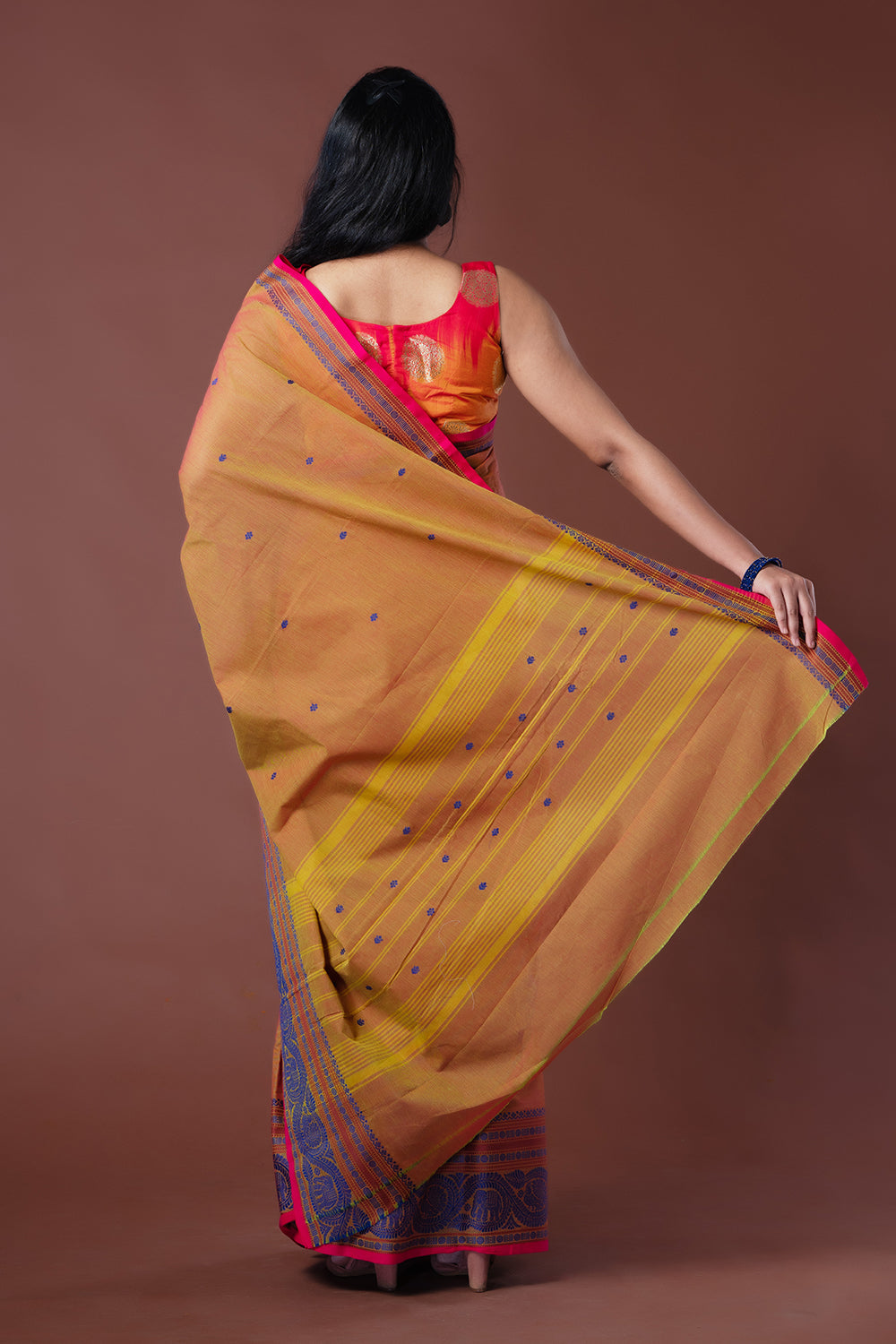Kanchi Cotton Green Saree Pink Double Shade