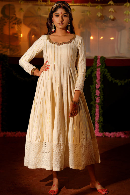 Offwhite Golden Zari Anarkali With Hakoba Border