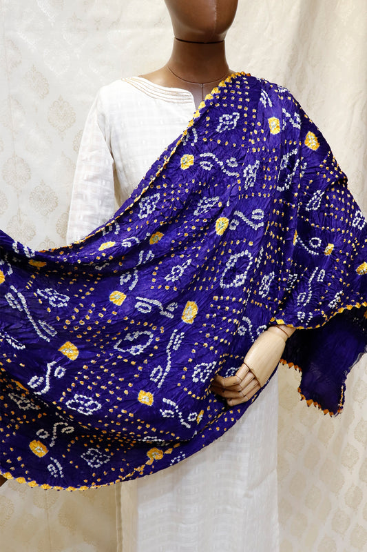 Dark Blue Base Yellow & White Bandhini Modal Dupatta