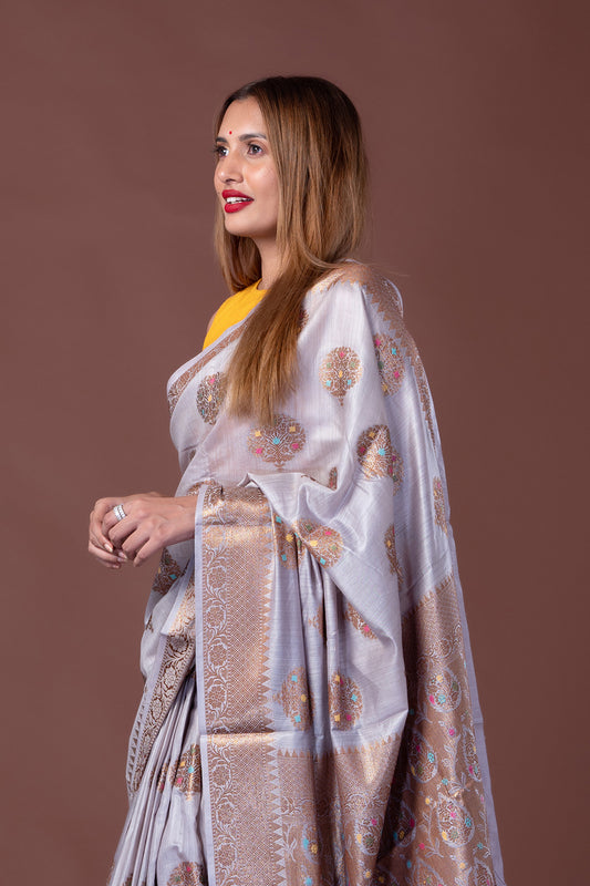Tussar Munga Banarasi Silk Grey Saree with Tree Motif