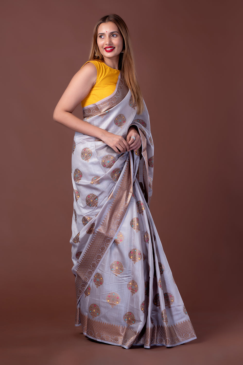 Tussar Munga Banarasi Silk Grey Saree with Tree Motif