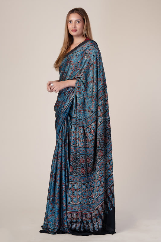 Modal Silk Saree Blue Base Red&Black Floral Print