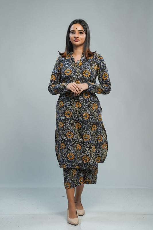 Black Kalamkari Suit Set Floral Print