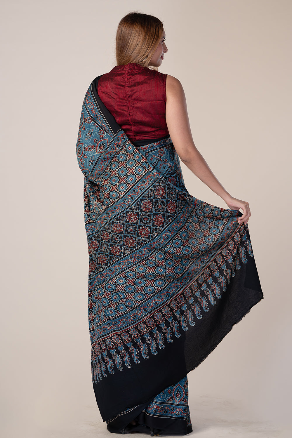 Modal Silk Saree Blue Base Red&Black Floral Print