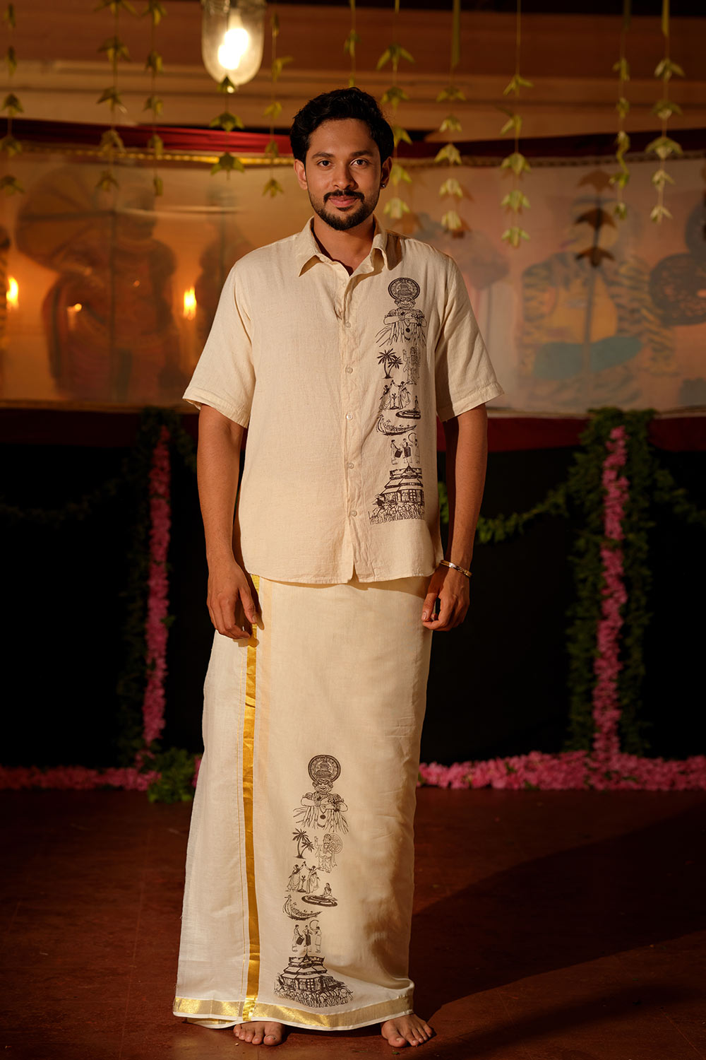 Keraleeyam Hand Blocked Printed Golden Kasavu Dhothi