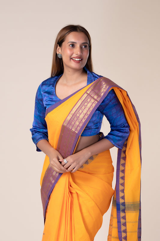 Kanchi Cotton Orange Saree with Violet Border