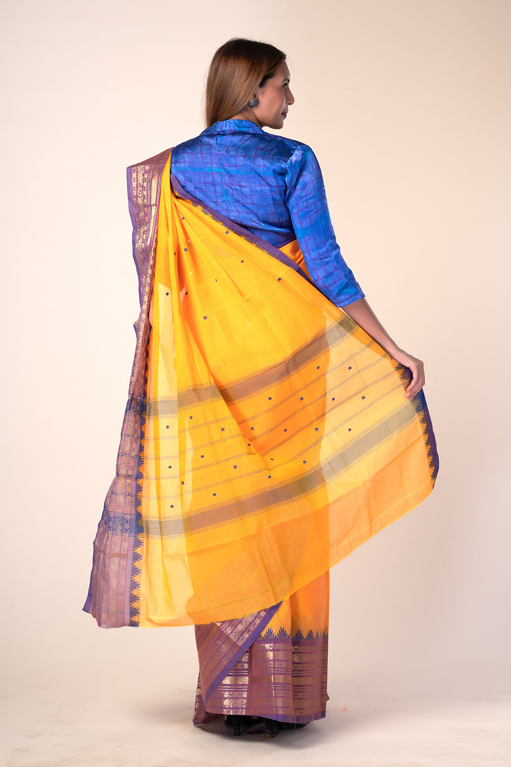 Kanchi Cotton Orange Saree with Violet Border